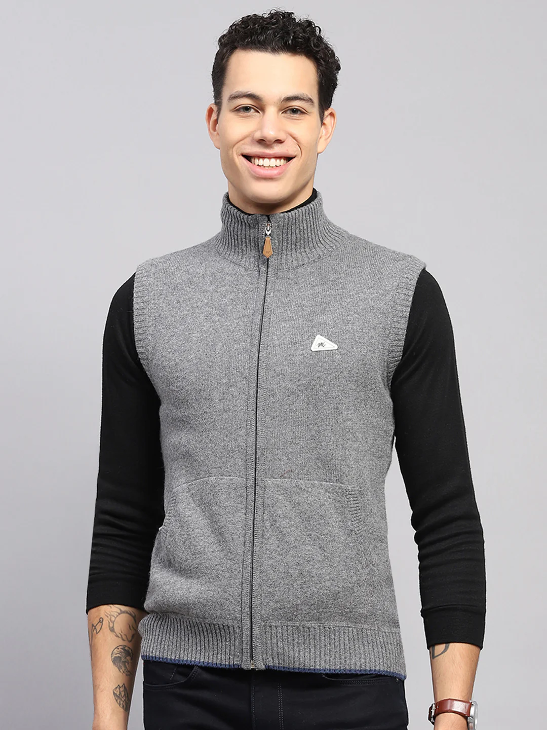 Men Grey Solid High Neck Sleeveless Sweater