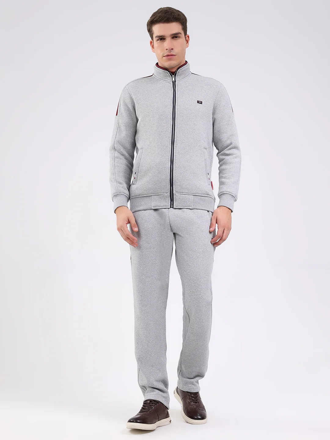 Men Grey Solid Mock Neck Full Sleeve Winter Tracksuit