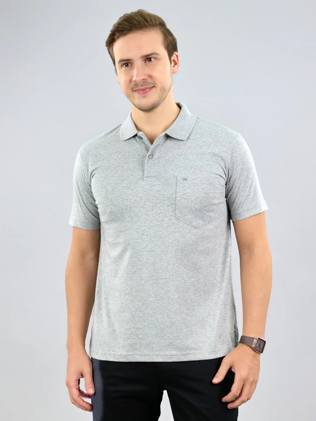 Men Grey Solid Polo Collar Half Sleeve T-Shirt
