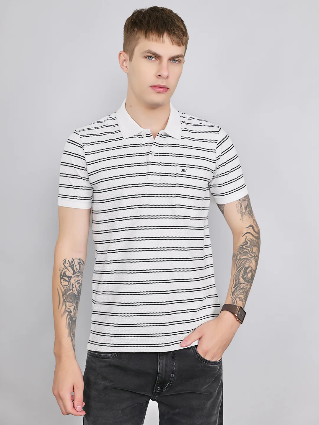 Men Grey Stripe Collar Half Sleeve T-Shirt