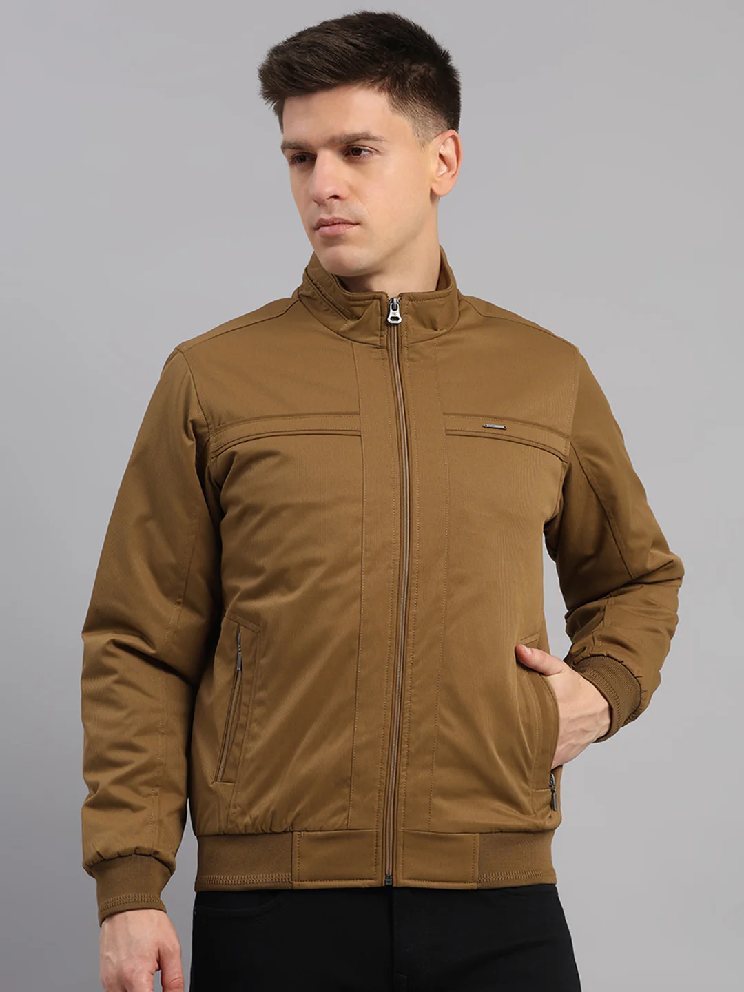 Men Khaki Solid Mandarin Neck Full Sleeve Jacket