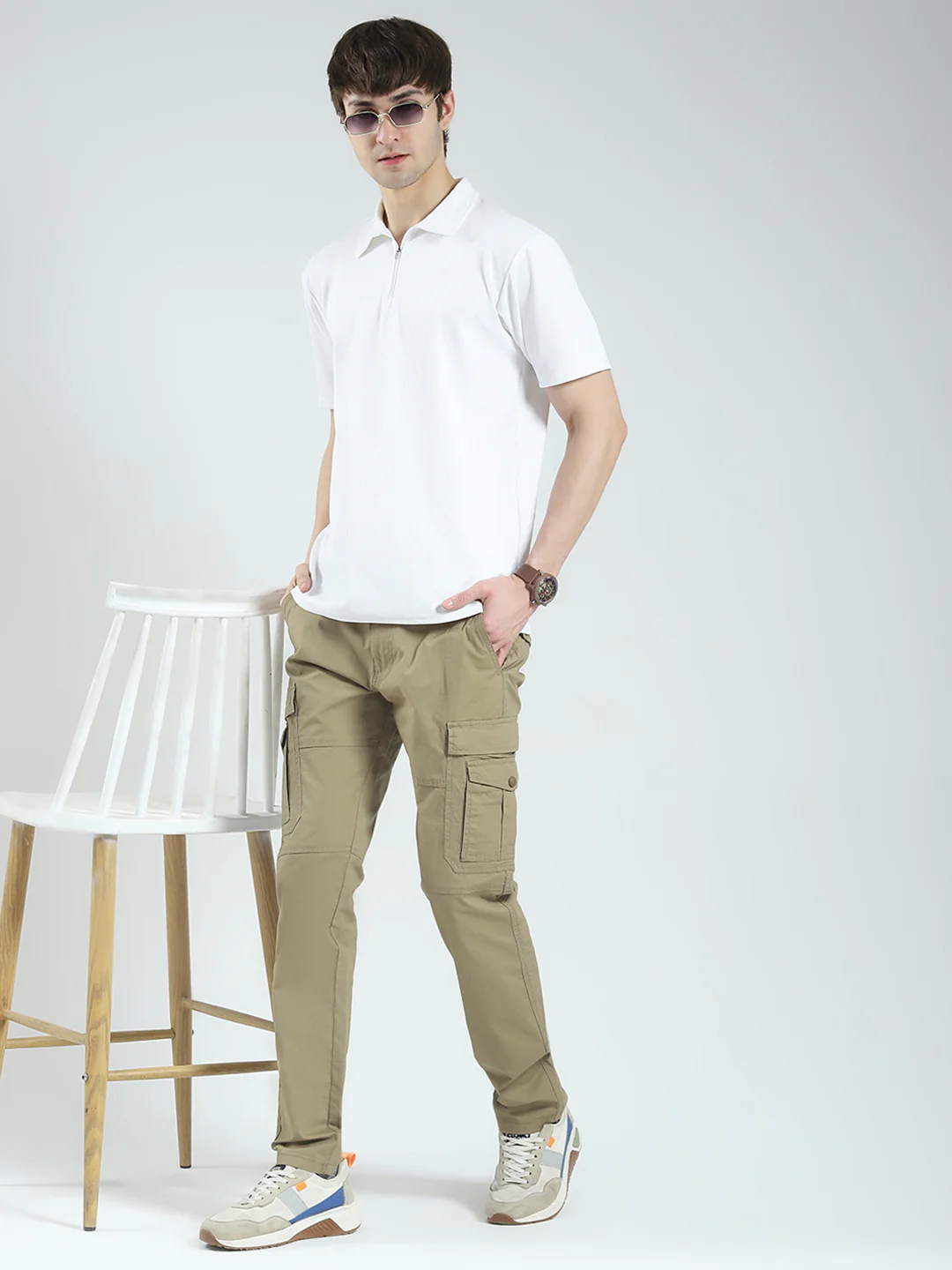 Men Khaki Solid Slim Fit Cargo - Image 2