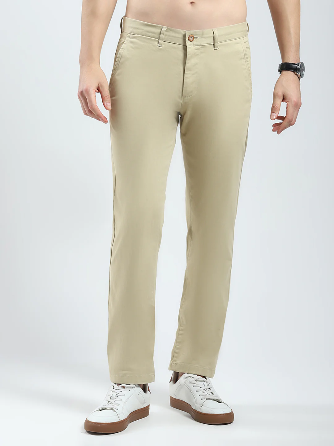 Men Khaki Solid Slim Fit Trouser