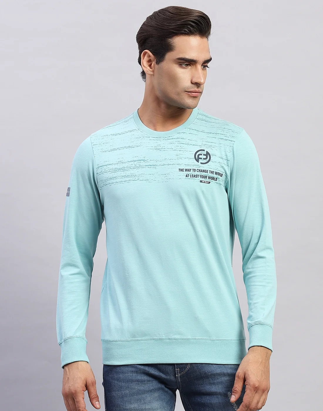 Men Light Blue Printed Round Neck Full Sleeve Winter T-Shirt - Image 2