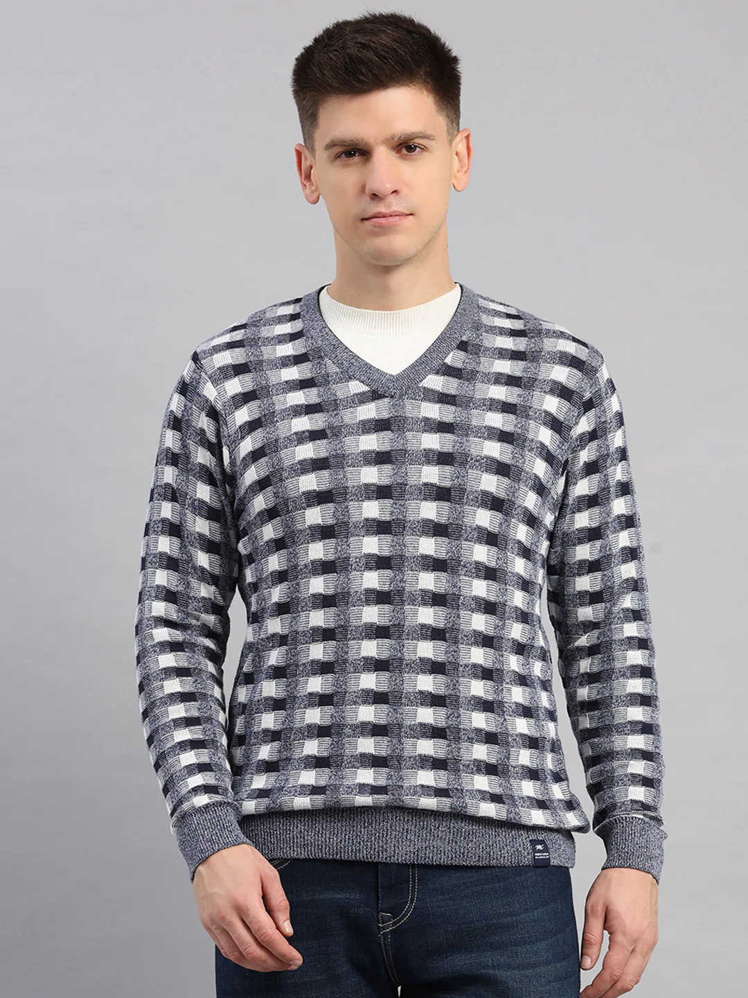 Men Light Blue Printed V Neck Full Sleeve Pullover