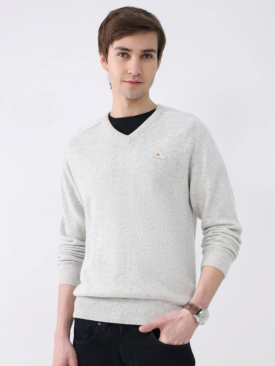 Men Light Grey Solid V Neck Full Sleeve Pullover