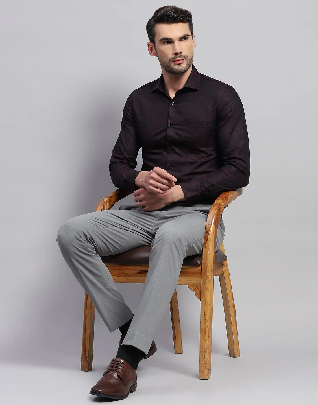 Men Maroon Floral Print Collar Neck Full Sleeve Shirt - Image 2