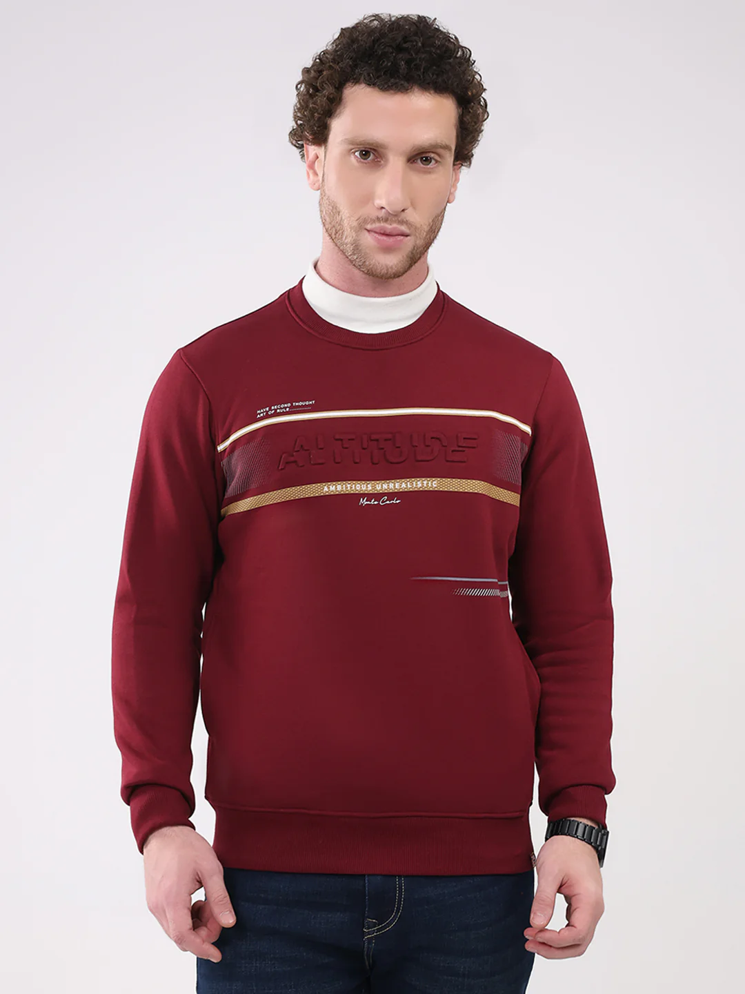 Men Maroon Printed Round Neck Full Sleeve Sweatshirt