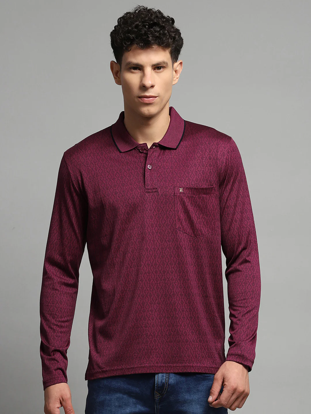 Luxuria Men Maroon Self Design Collar Full Sleeve Winter T-Shirt