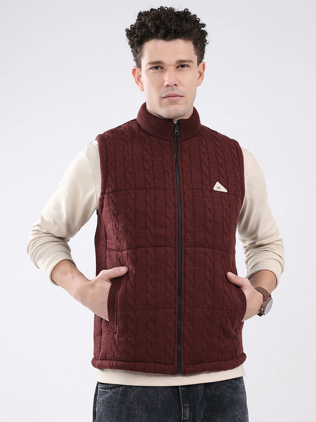 Men Maroon Self Design Mock Neck Sleeveless Jacket