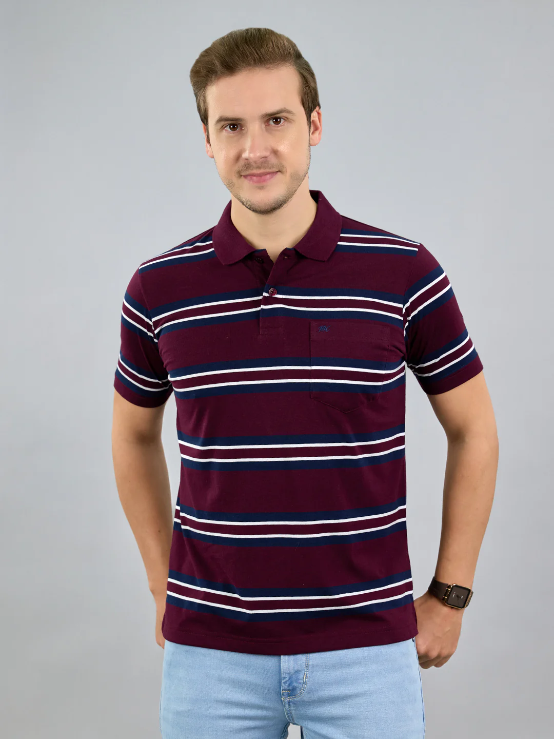 Men Maroon Stripe Polo Collar Half Sleeve T-Shirt