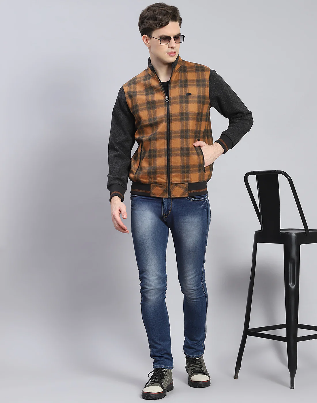 Men Mustard Check Stand Collar Full Sleeve Sweatshirt