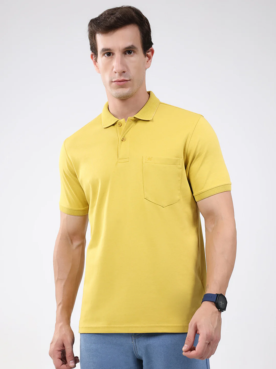 Men Mustard Solid Collar Half Sleeve T-Shirt