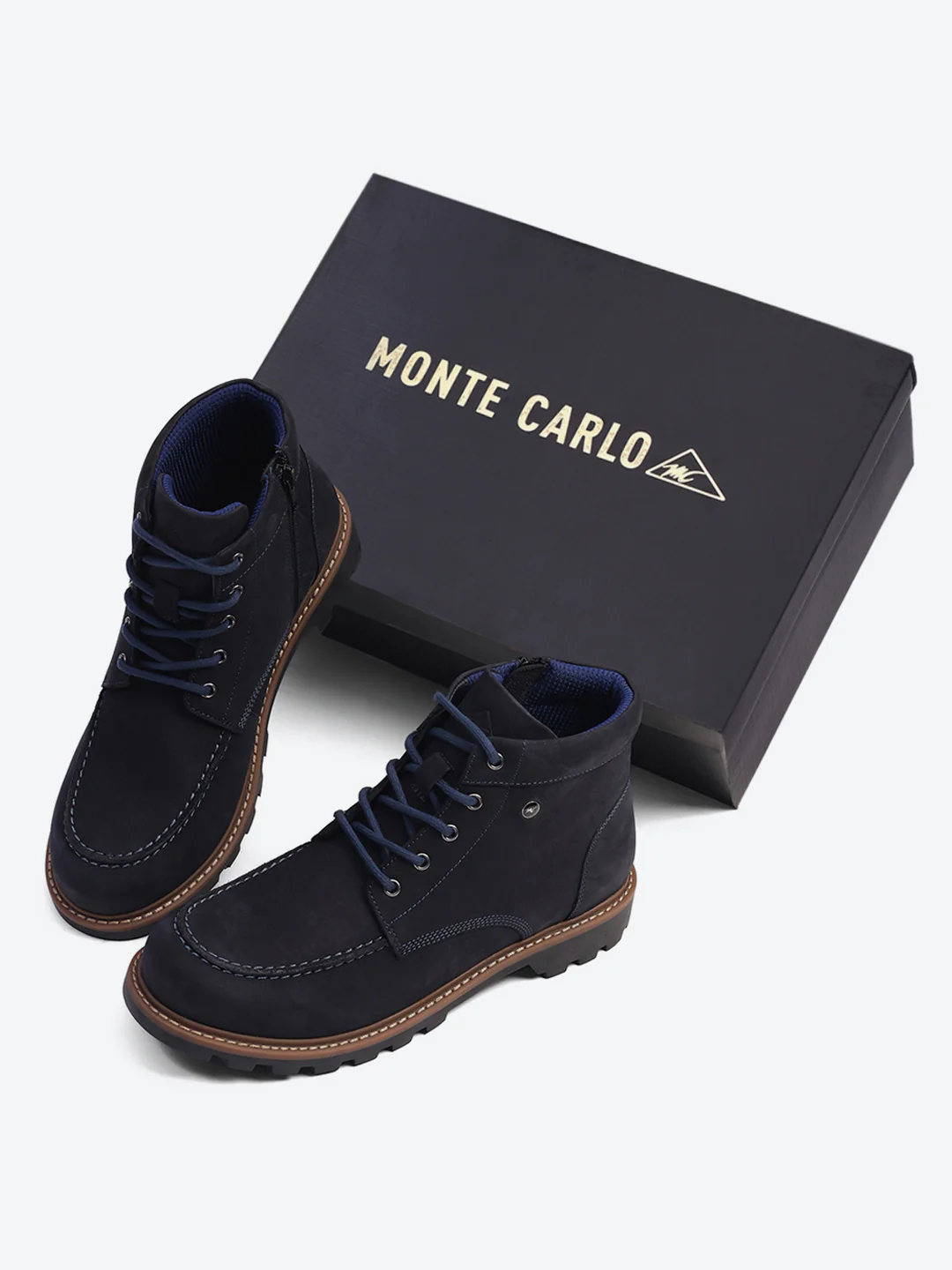 Men Navy Blue Genuine Leather Lace Up Boots - Image 2