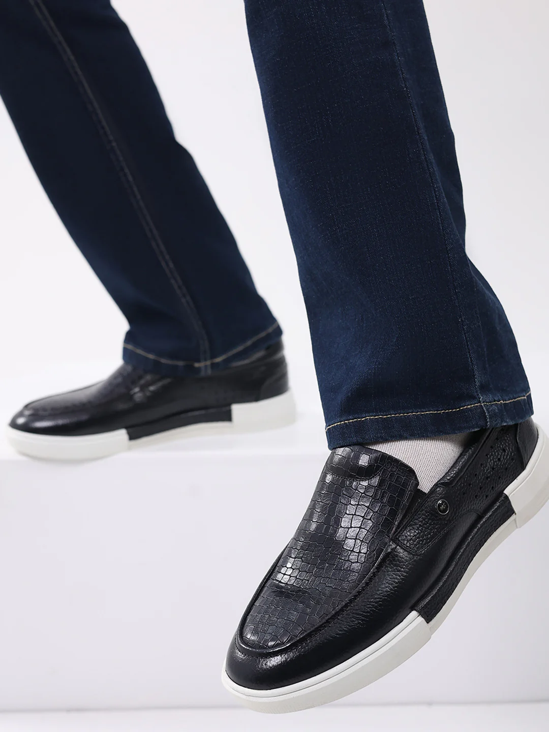 Monte Carlo Navy Blue Croc Print Leather Casual Slip on Shoes for Men - Image 10