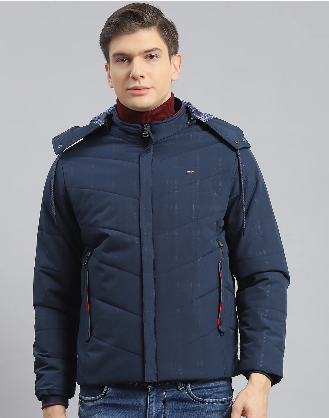 Men Navy Blue Printed Hooded Full Sleeve Jacket