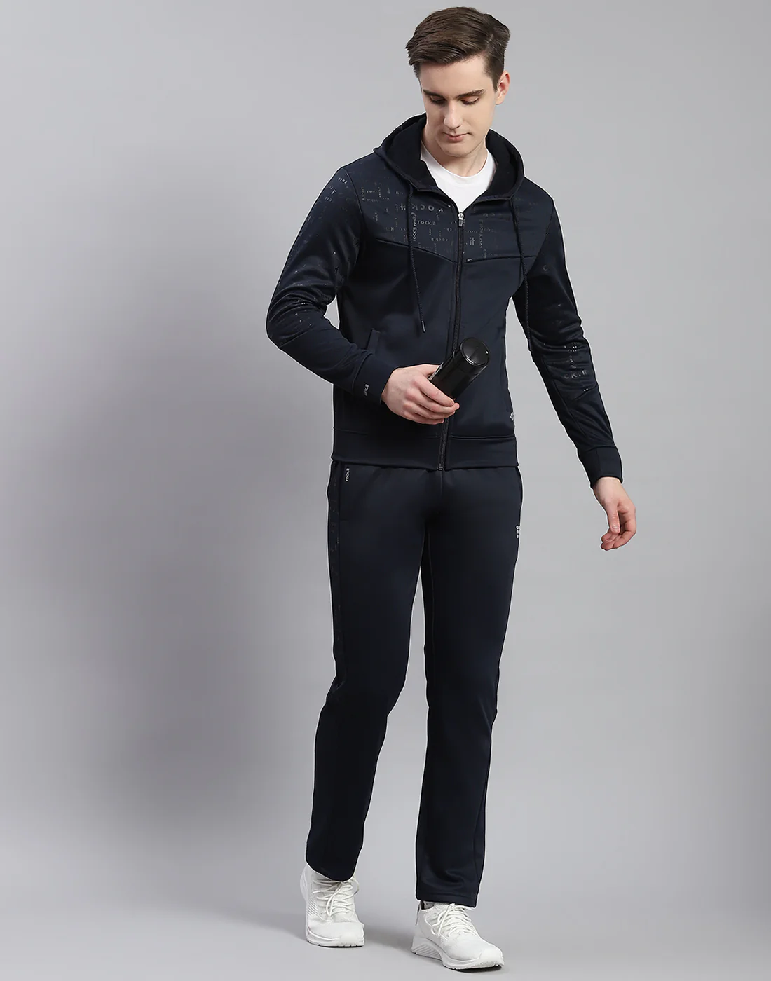 Rock.it Men Navy Blue Printed Hooded Full Sleeve Tracksuit
