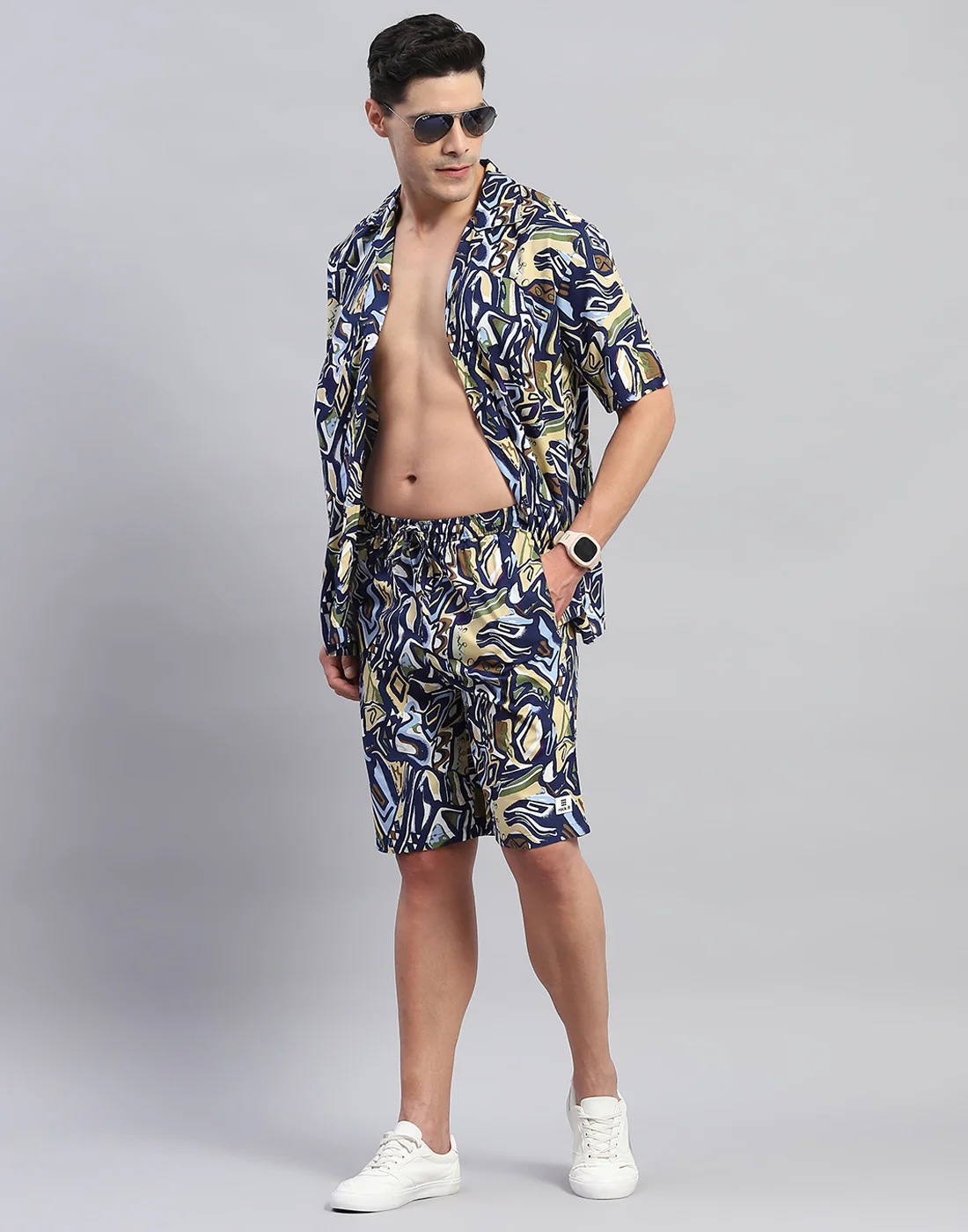 Rock.it Men Navy Blue Printed Round Neck Half Sleeve Cords Set