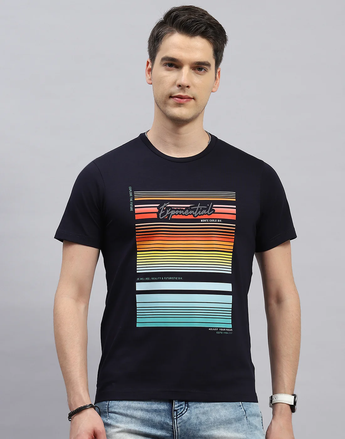 Men Navy Blue Printed Round Neck Half Sleeve T-Shirt