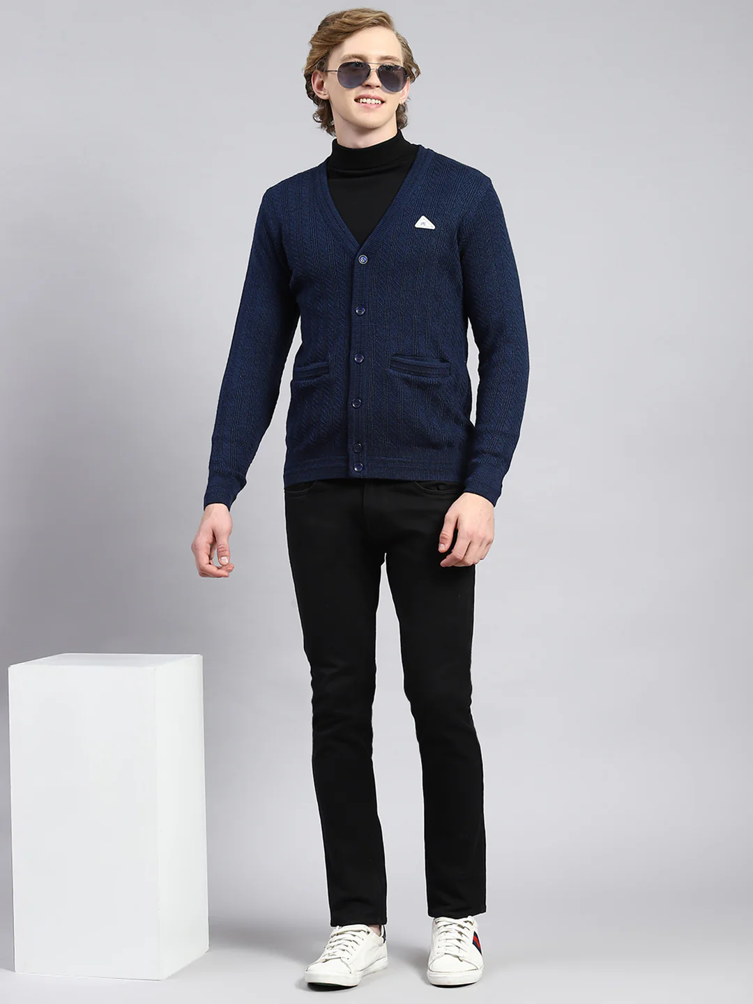 Men Navy Blue Self Cardigan