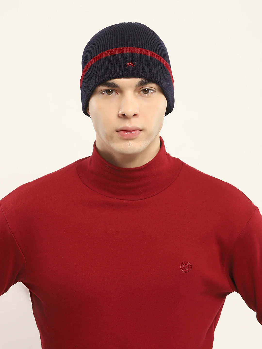 Men Navy Blue Self Design Cap