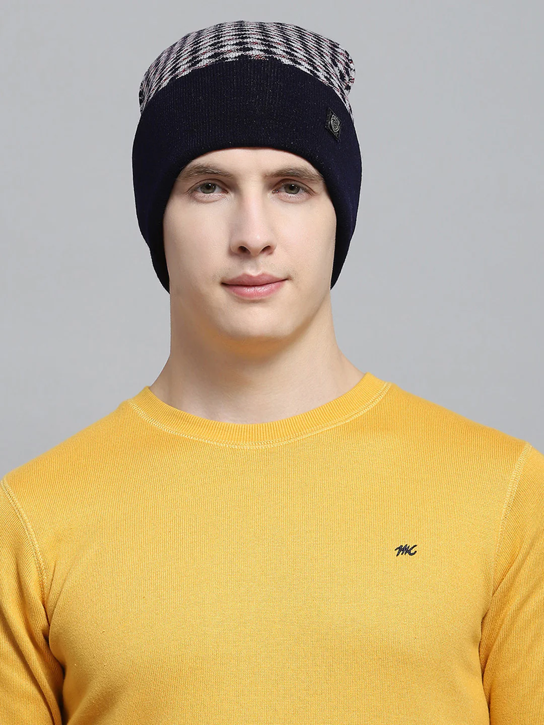 Men Navy Blue Self Design Cap