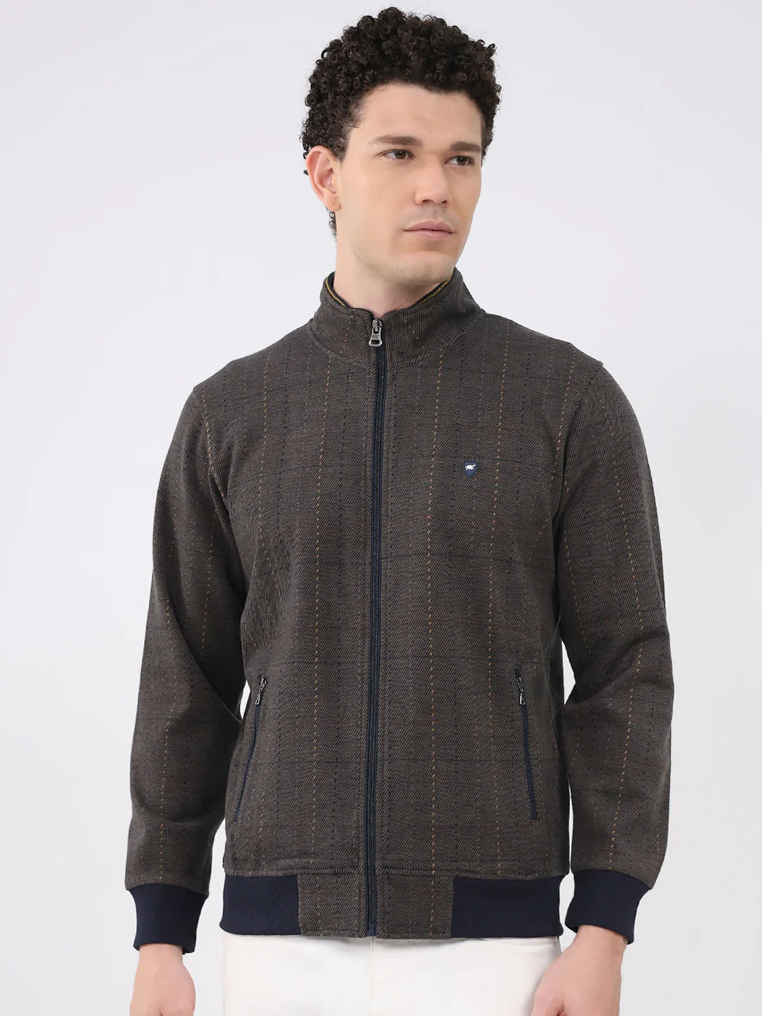 Men Navy Blue Self Design Collar Full Sleeve Sweatshirt