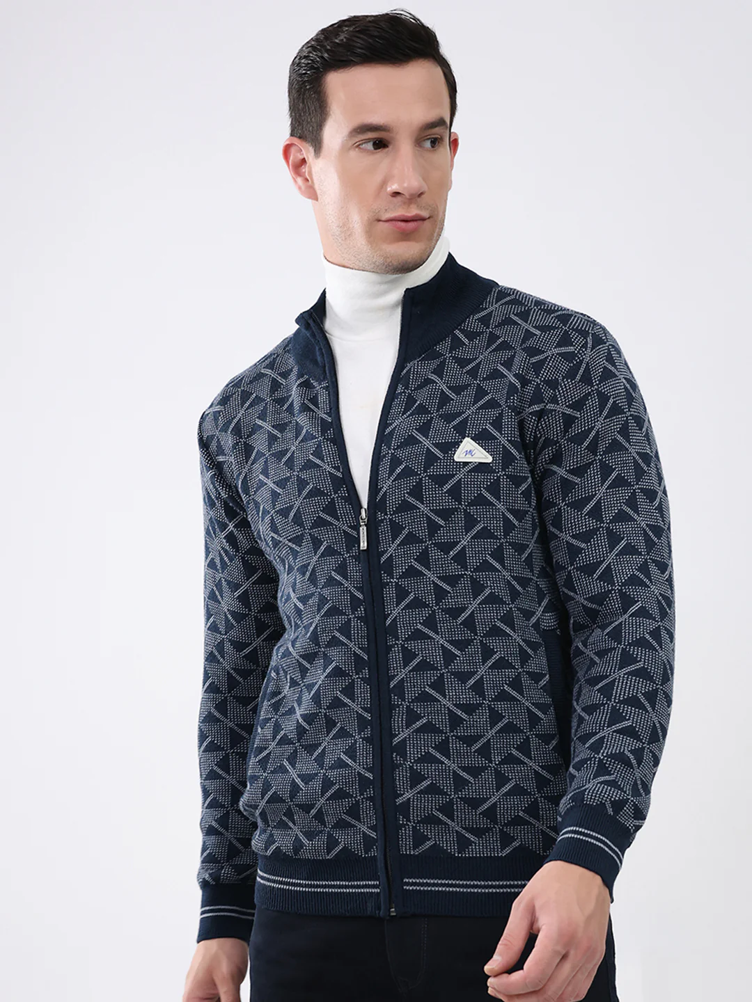 Men Navy Blue Self Design Mock Neck Full Sleeve Pullover
