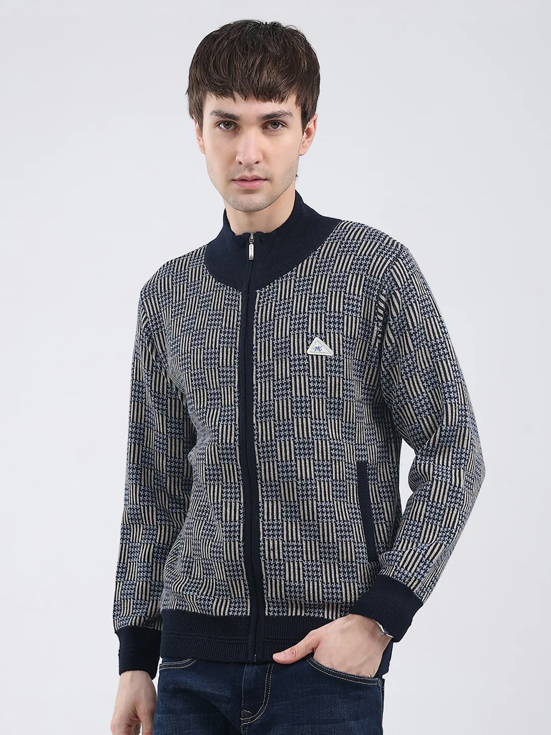 Men Navy Blue Self Design Mock Neck Full Sleeve Pullover