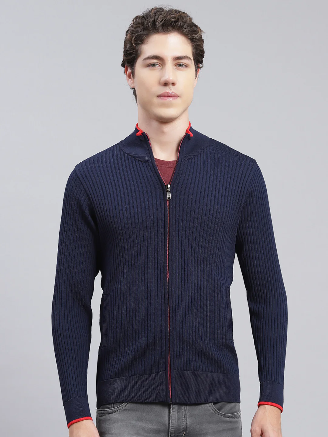 Men Navy Blue Self Design Wool blend Pullover
