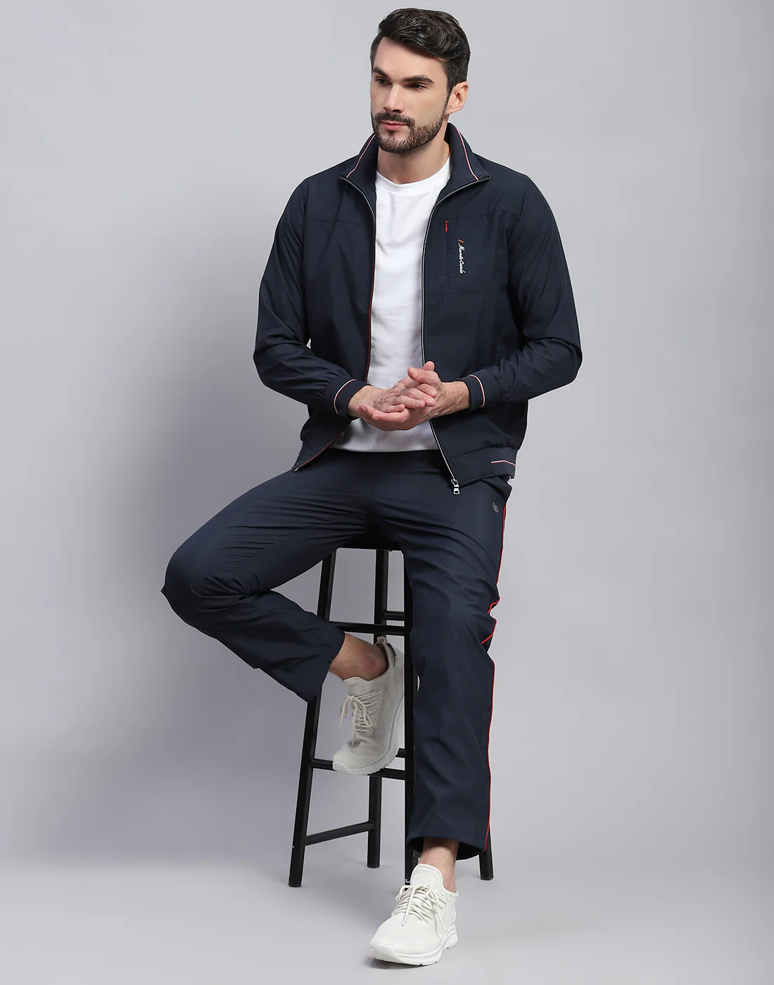 Men Navy Blue Solid Band Collar Full Sleeve Winter Tracksuit