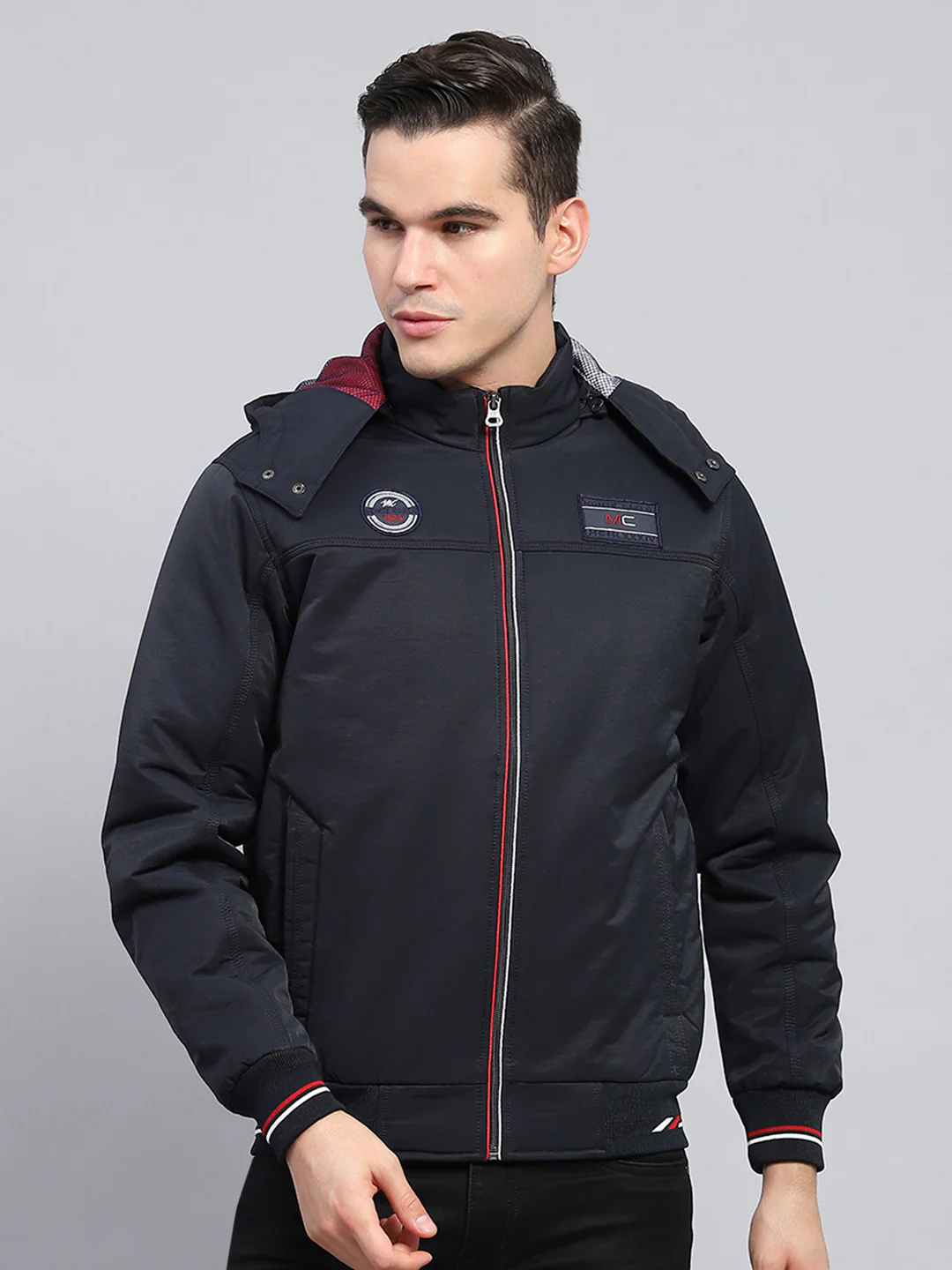 Men Navy Blue Solid Detachable Hood Full Sleeve Jacket