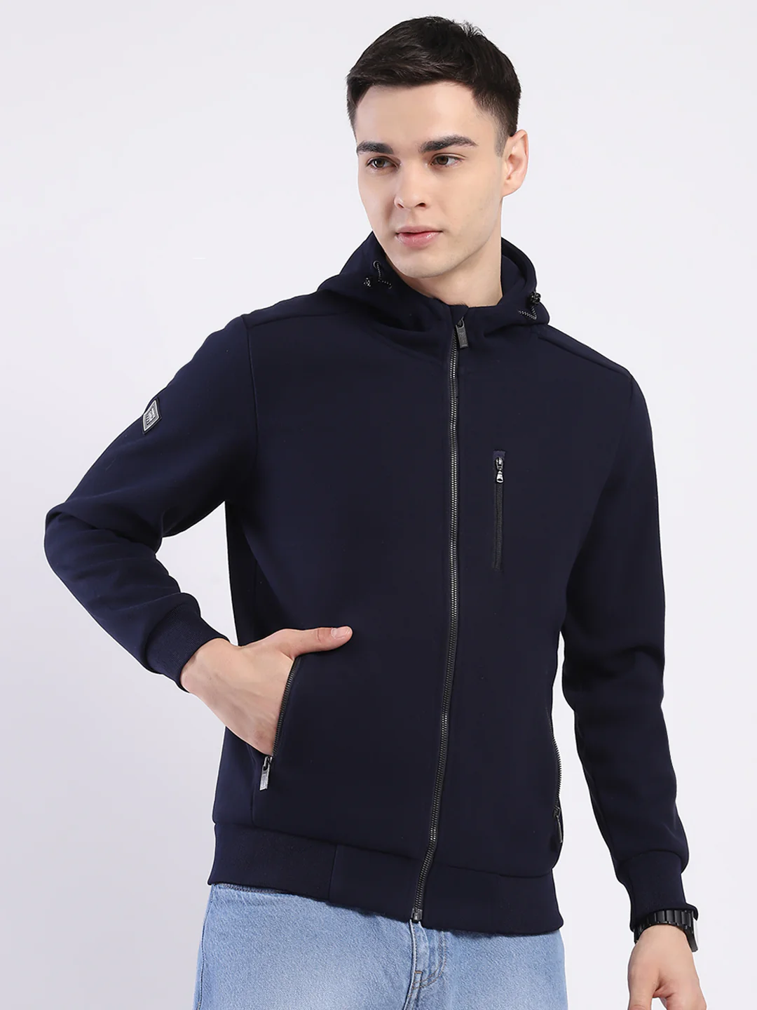 Men Navy Blue Solid Hooded Full Sleeve Sweatshirt