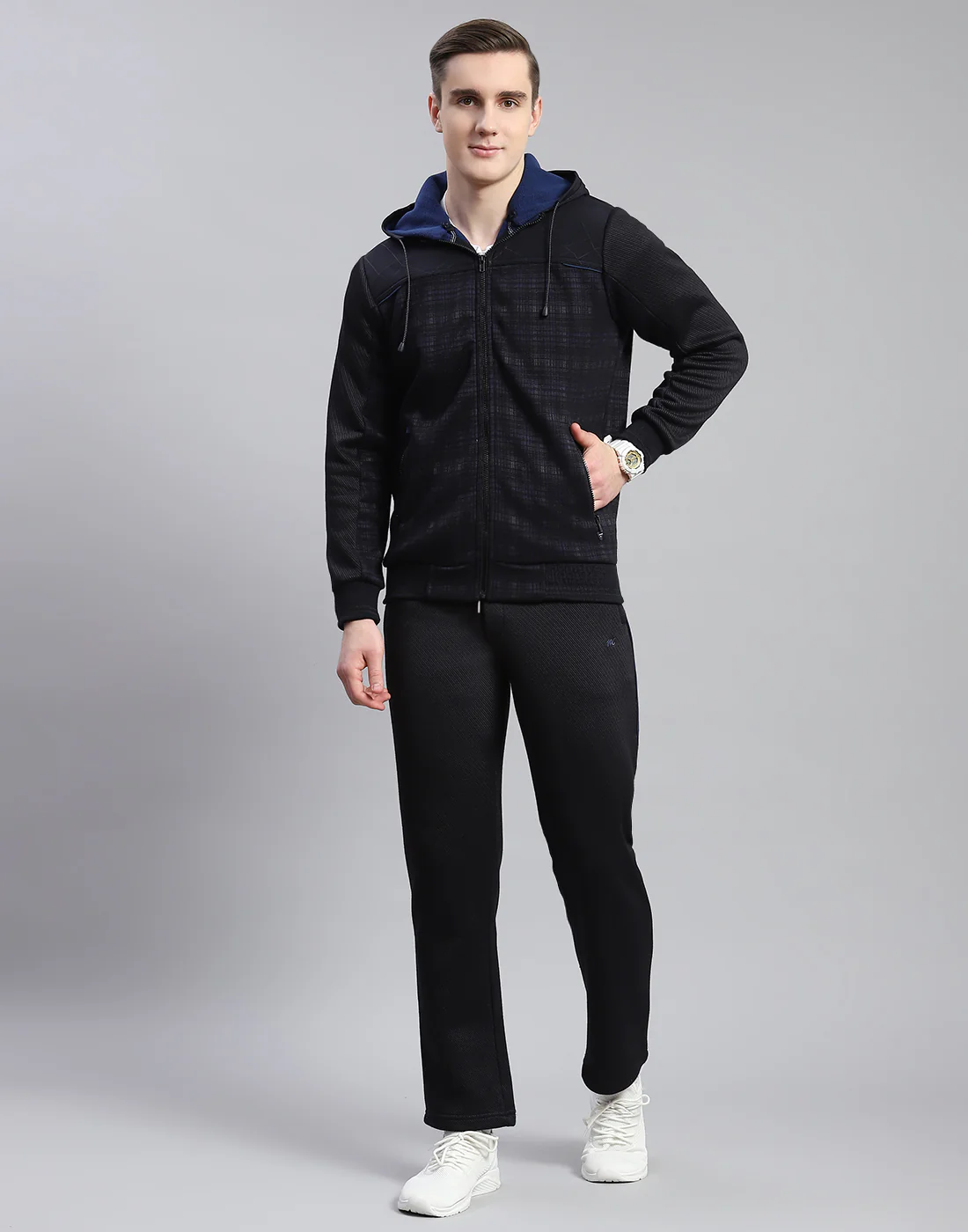 Men Navy Blue Solid Hooded Full Sleeve Tracksuit