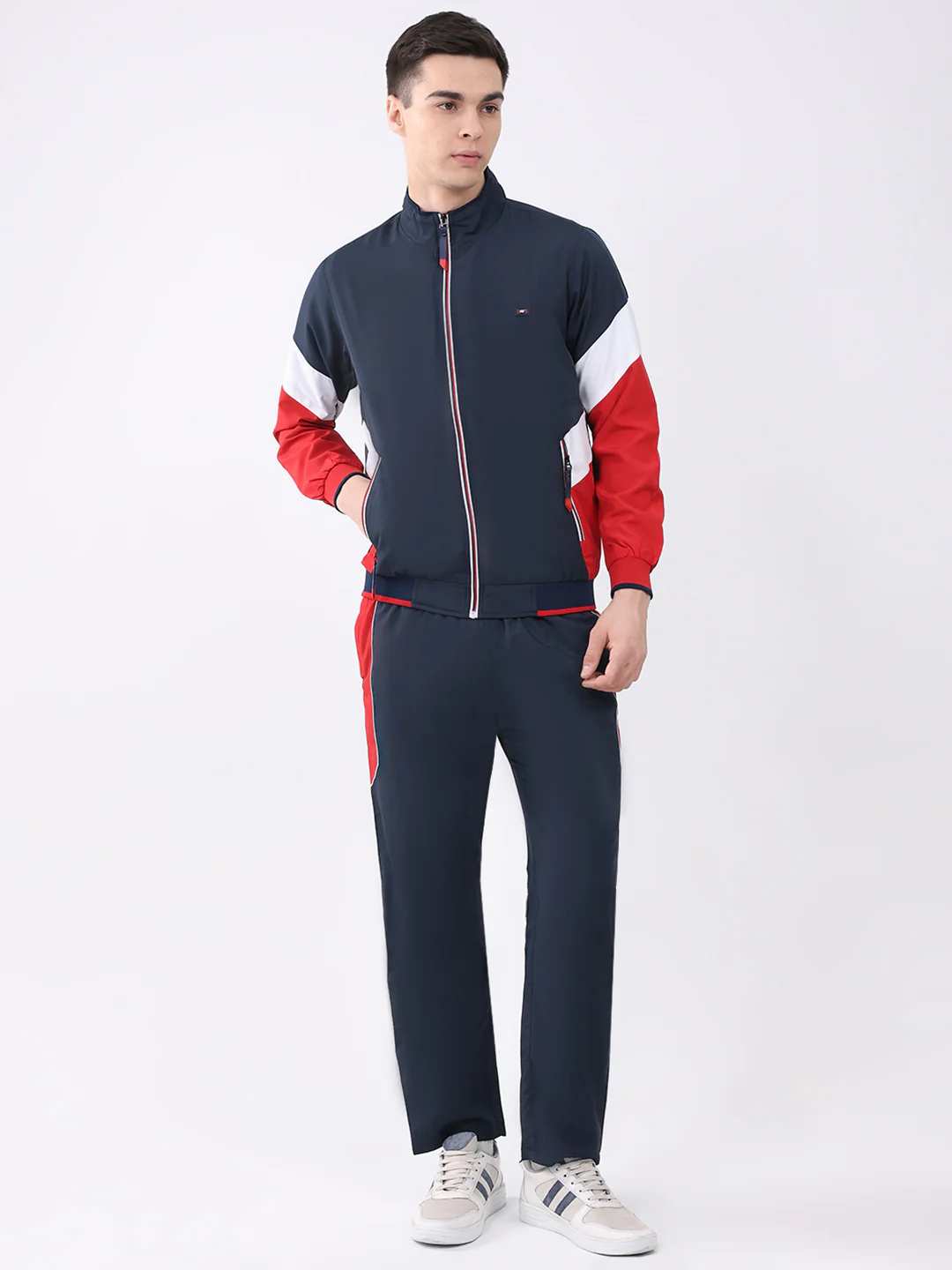Men Navy Blue Solid Round Neck Full Sleeve Winter Tracksuit