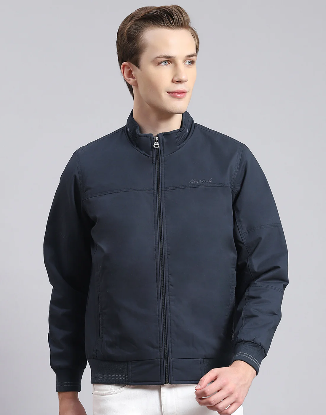 Men Navy Blue Solid Stand Collar Full Sleeve Jacket