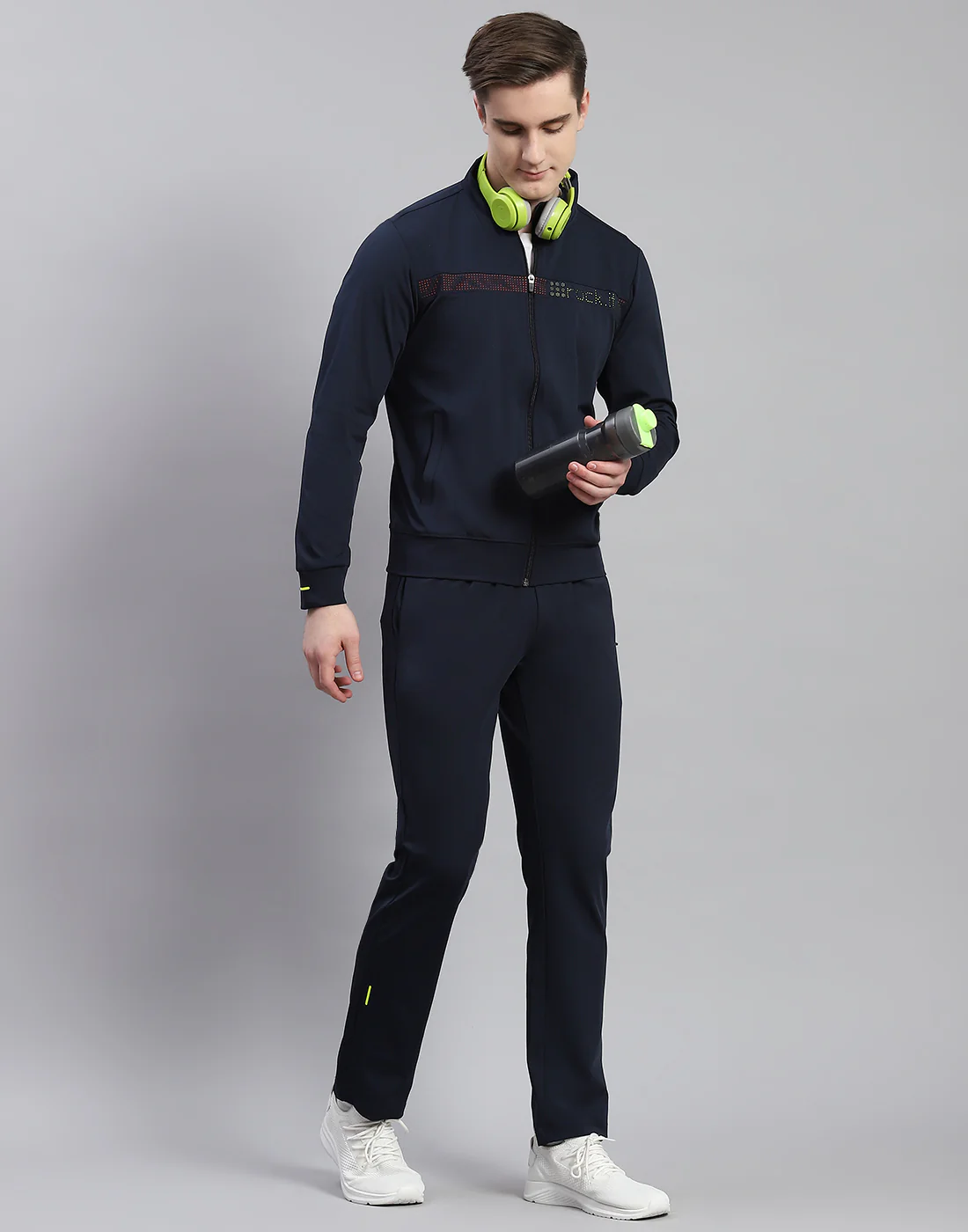 Rock.it Men Navy Blue Solid Stand Collar Full Sleeve Tracksuit