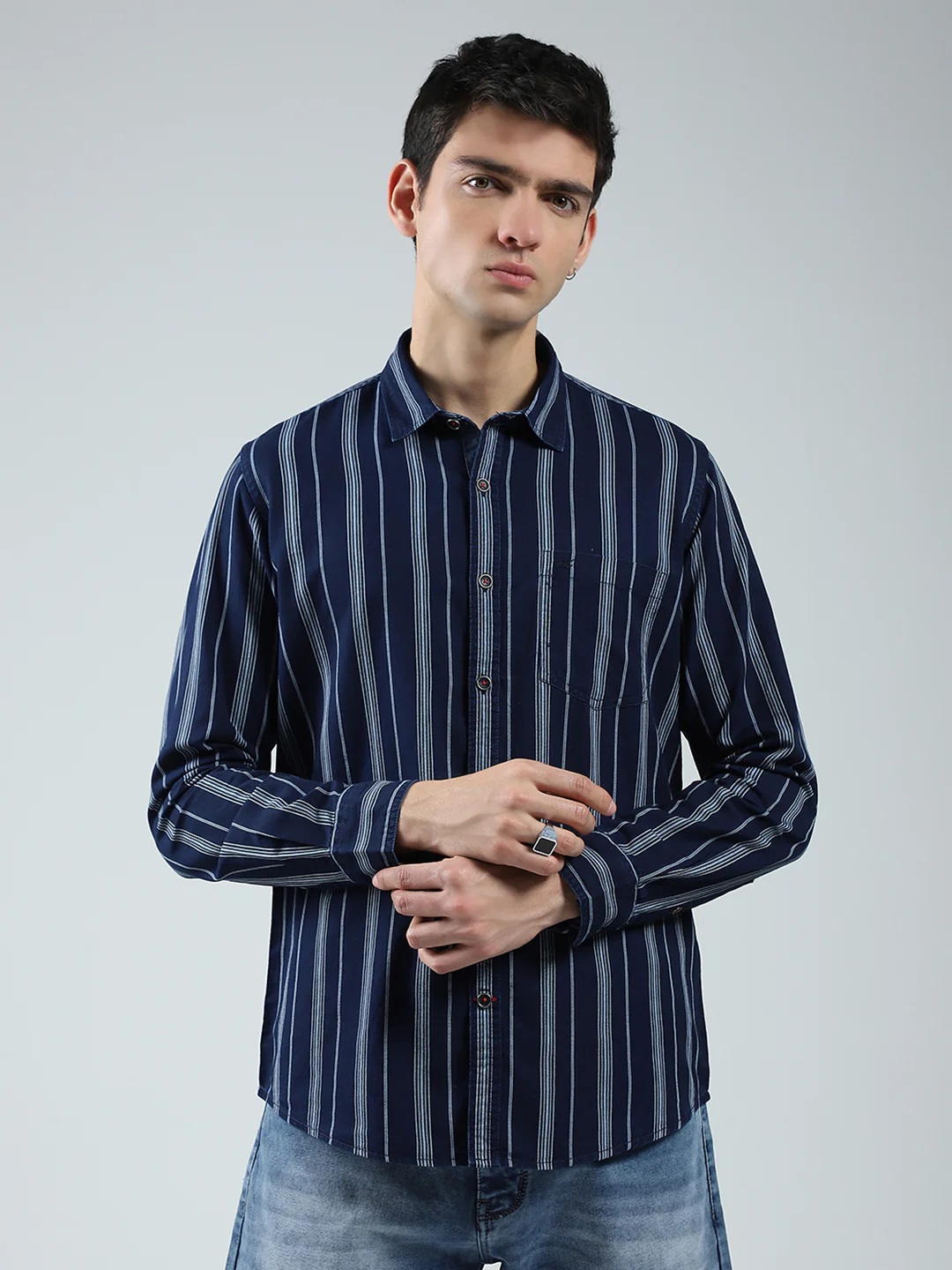 Men Navy Blue Stripe Collar Full Sleeve Shirt