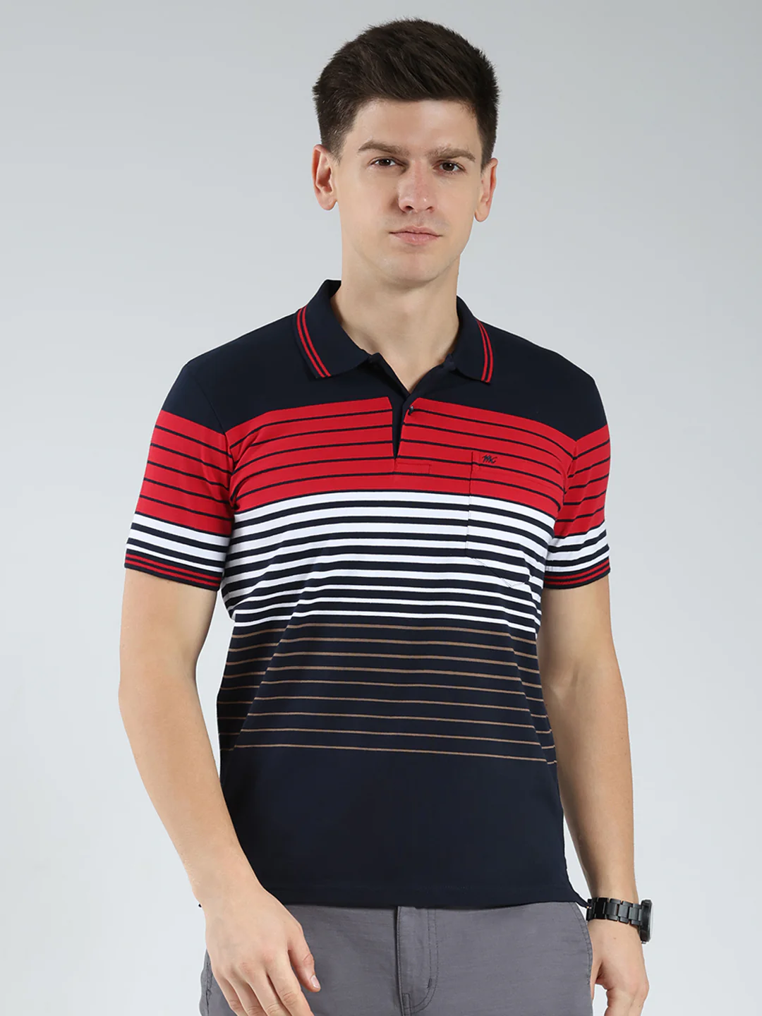 Men Navy Blue Stripe Collar Half Sleeve T-Shirt
