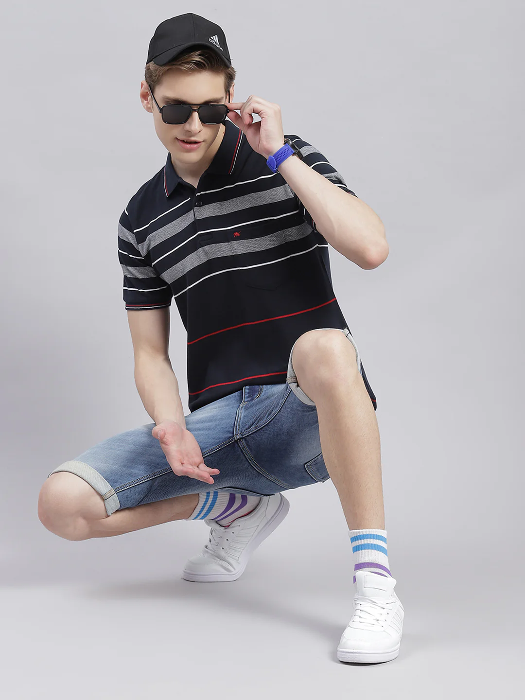 Men Navy Blue Stripe Collar Half Sleeve T-Shirts