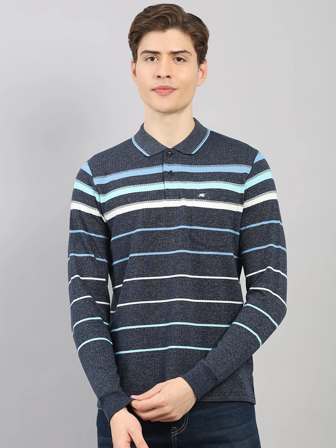 Men Navy Blue Stripe Polo Collar Full Sleeve Winter T-Shirt
