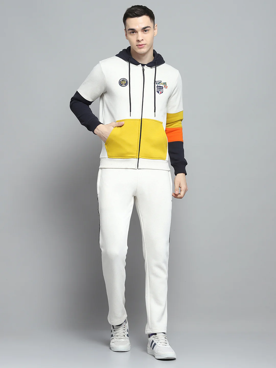 Men Off White & Navy Blue Printed Hooded Full Sleeve Winter Tracksuit