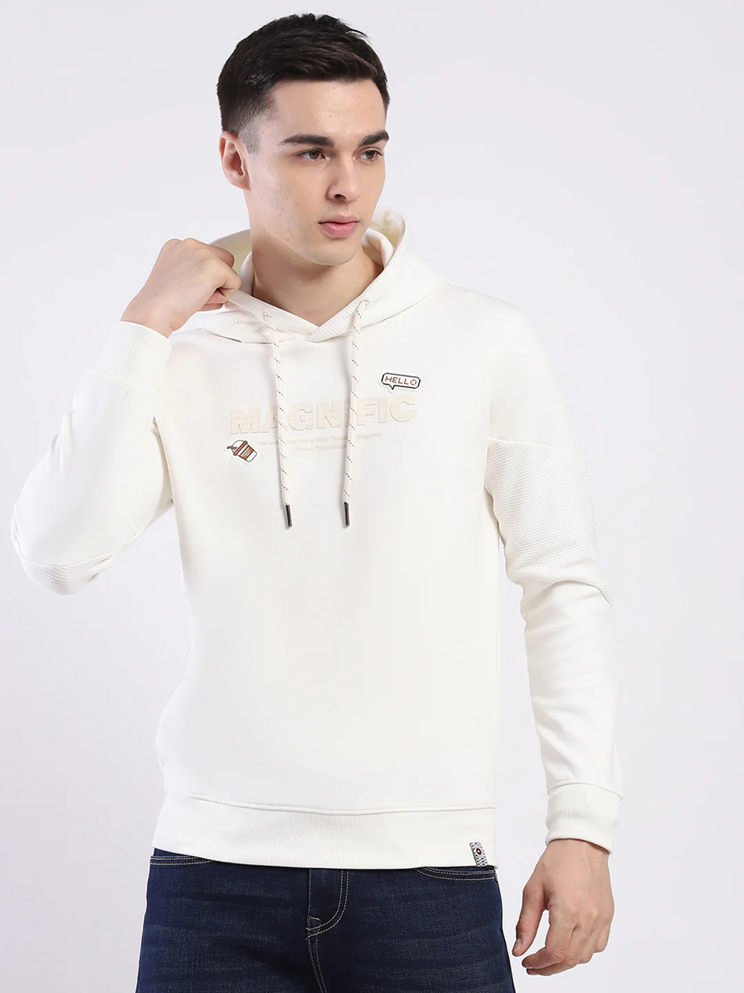 Men Off White Printed Hooded Full Sleeve Sweatshirt