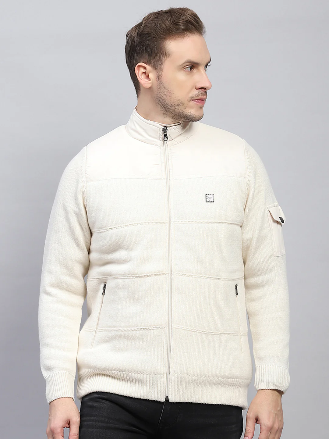 Men Off White Self Design Mock Neck Full Sleeve Jacket