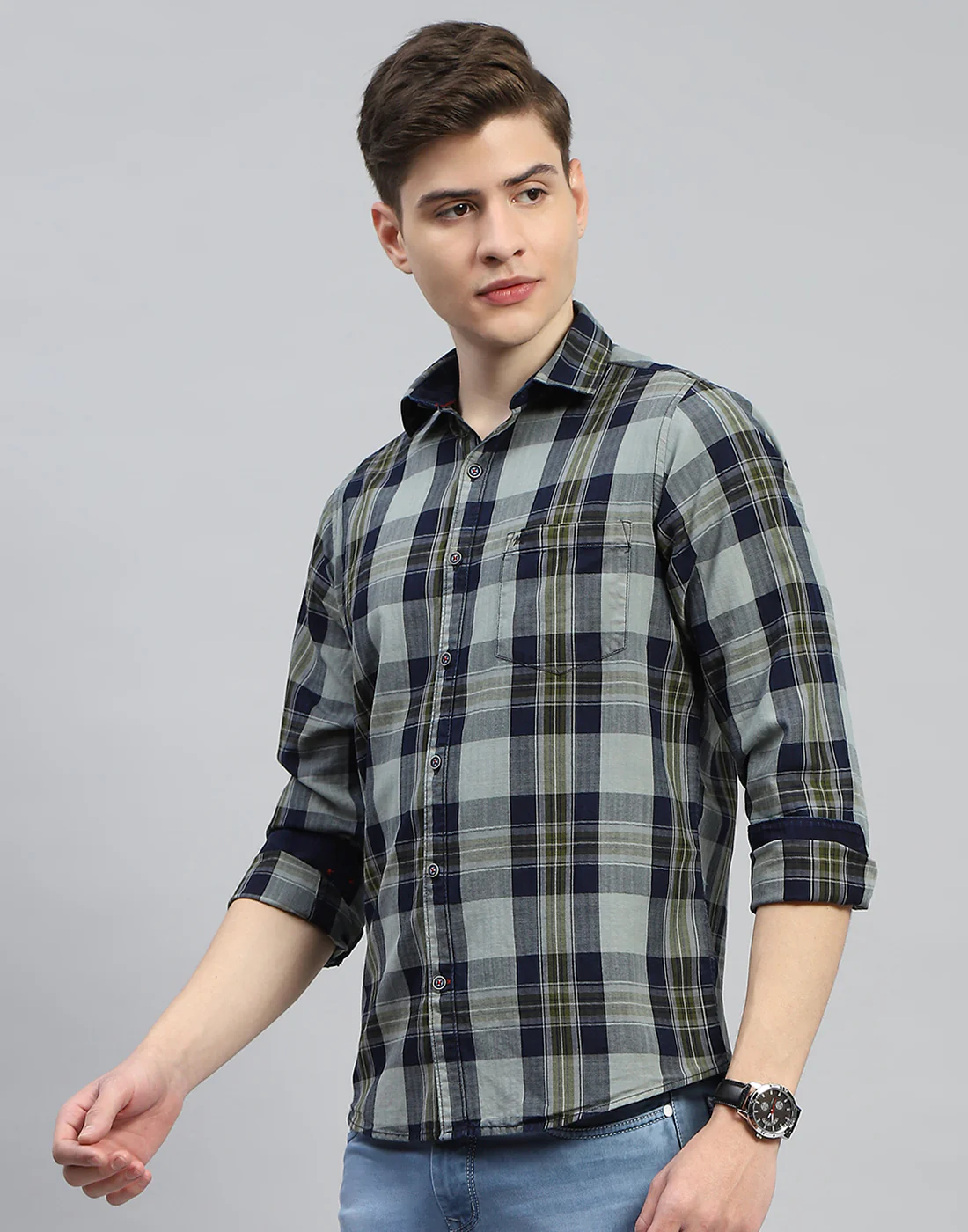 Men Olive Check Collar Full Sleeve Shirt