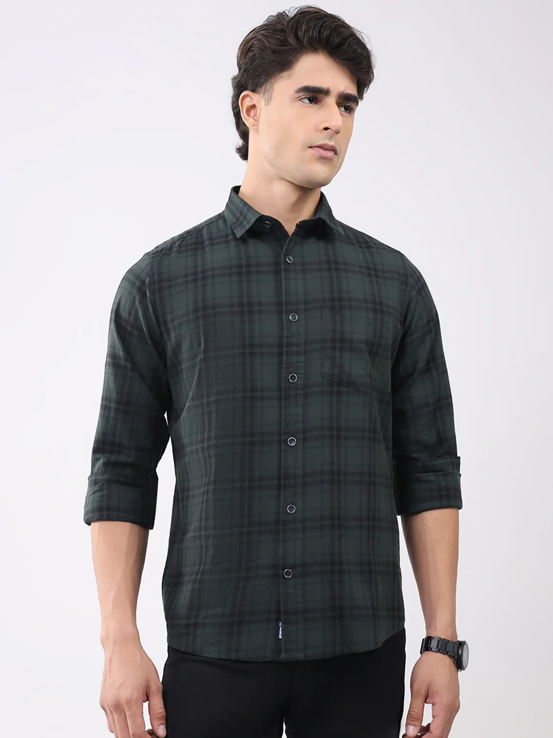 Men Olive Check Collar Full Sleeve Shirt