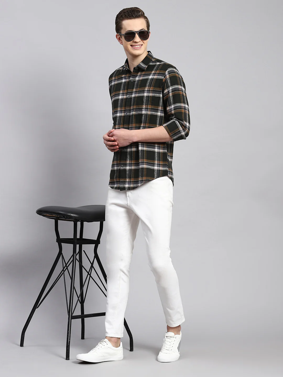 Men Olive Check Shirt