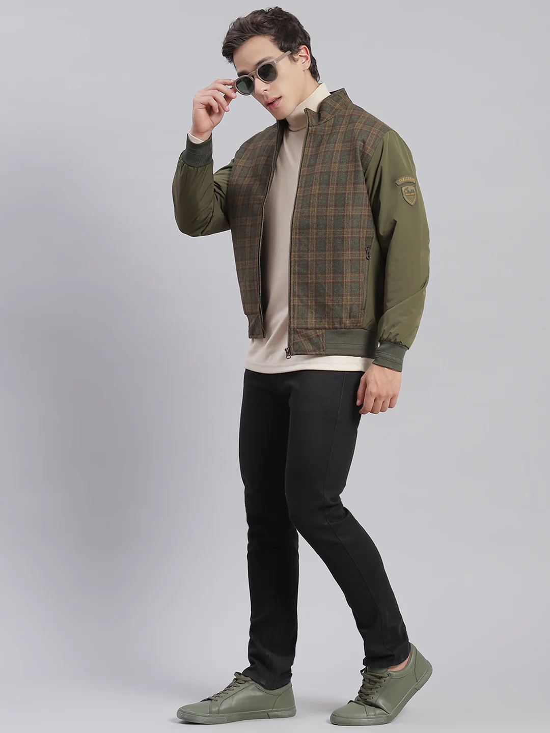 Men Olive Check Stand Collar Full Sleeve Jackets