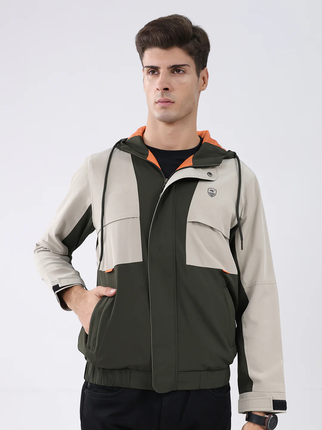 Men Olive Colourblocked Hooded Full Sleeve Jacket