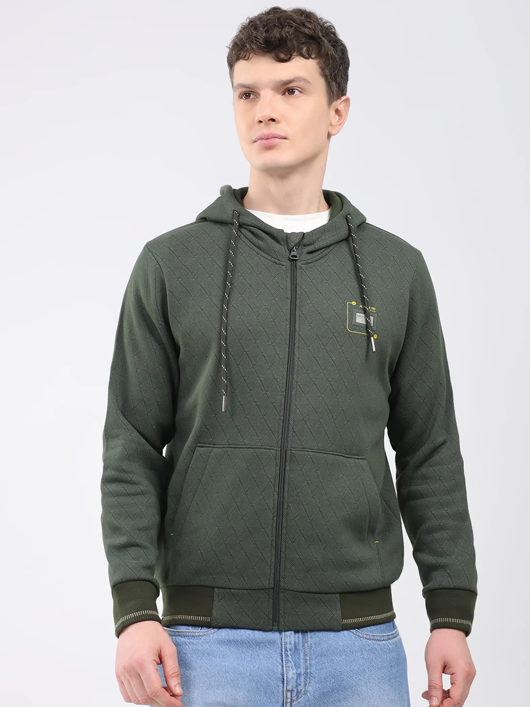 Men Olive Printed Hooded Full Sleeve Sweatshirt